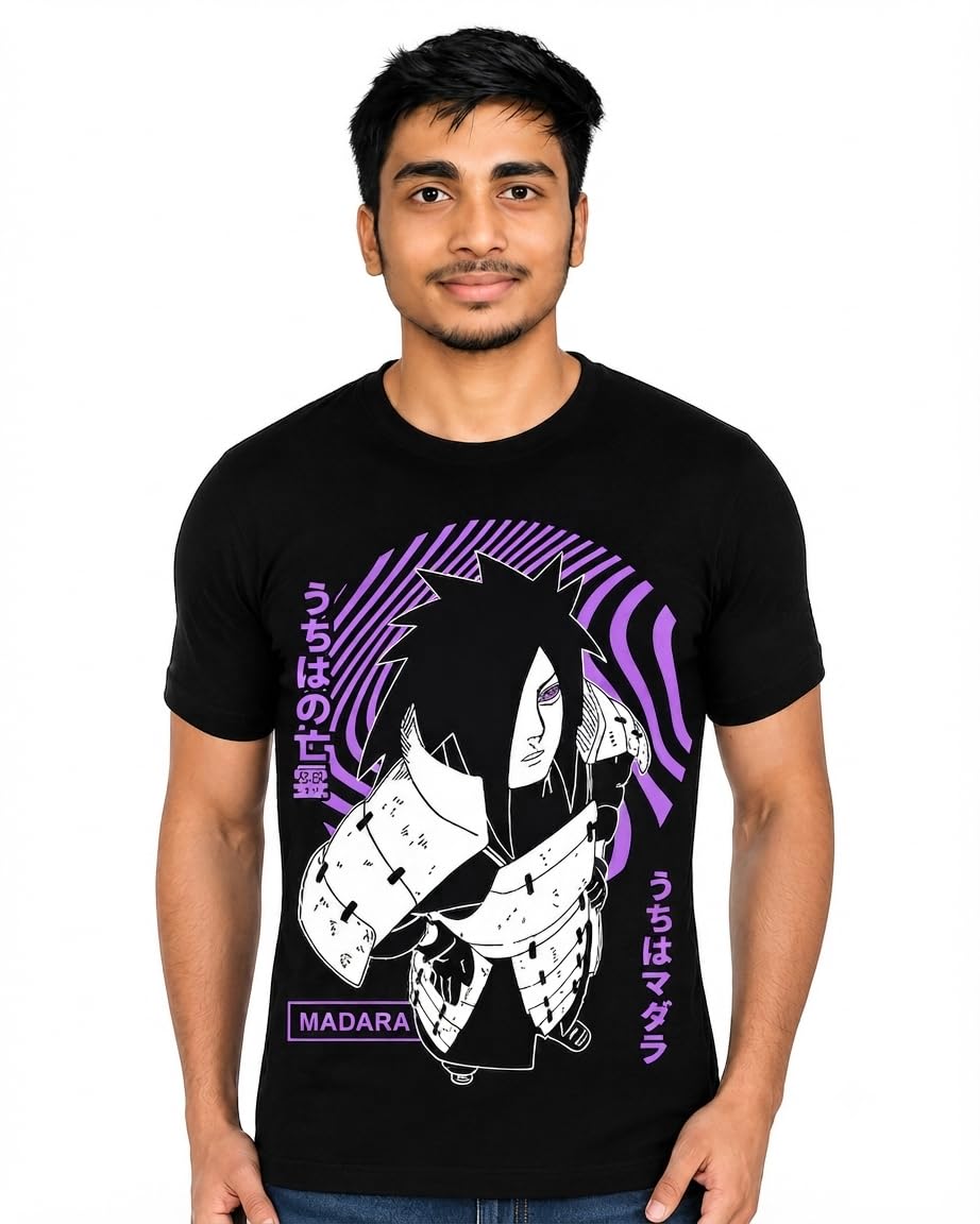 Men's Cotton Anime Graphic Printed Black T-Shirt | Madara Uchiha Hatred Printed Round Neck Half Sleeve Tee for Men and Boys