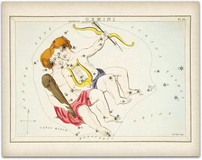 Gemini Zodiac Antique Constellation Poster - Vintage Astrology Constellation Print, Mythological Antique Decor, Star Sign Room Decoration and Birthday Gift Idea, 11x14 Unframed Art Print Poster