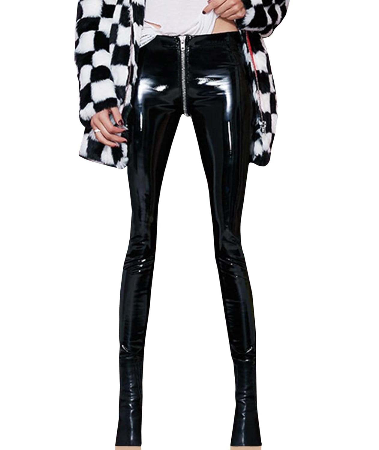 SEMATOMALA Womens Latex Zipper Crotch Leggings Sexy PVC Faux Leather Shiny Wet Look Black Red Tight Lingerie Pants