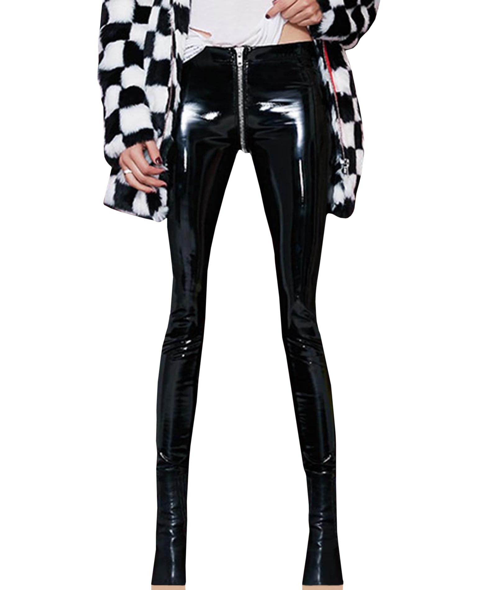 SEMATOMALA Womens Latex Zipper Crotch Leggings Sexy PVC Faux Leather Shiny Wet Look Black Red Tight Lingerie Pants