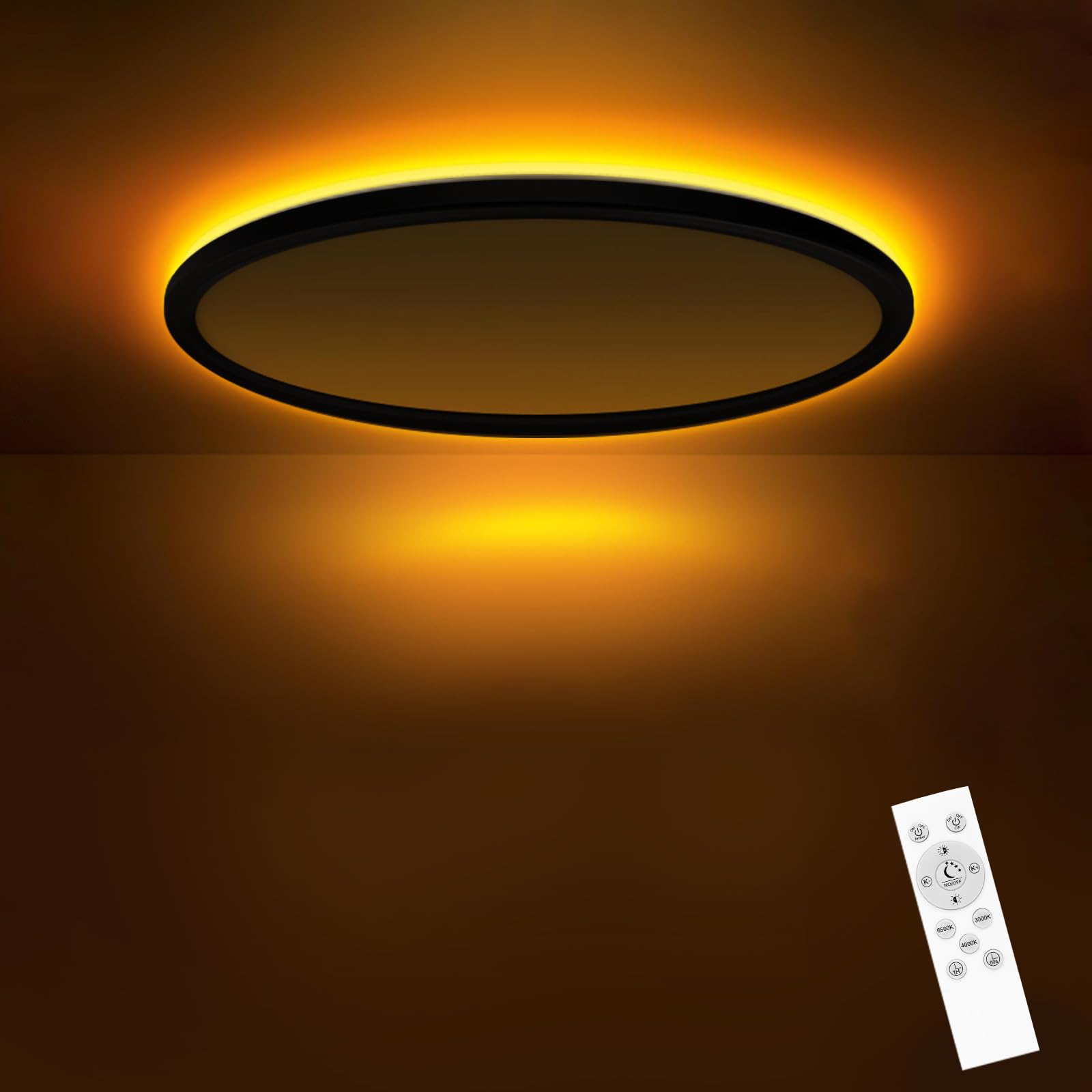 slochi LED Deckenleuchte, 22CM 15W 1500LM Deckenlampe Flach Dimmbar mit Fernbedienung, 1800K Nachtlicht Warm, 3000K-6500K Schlafzimmer Lampe für Schlafzimme Wohnzimmer Kinderzimmer Rund, Schwarz