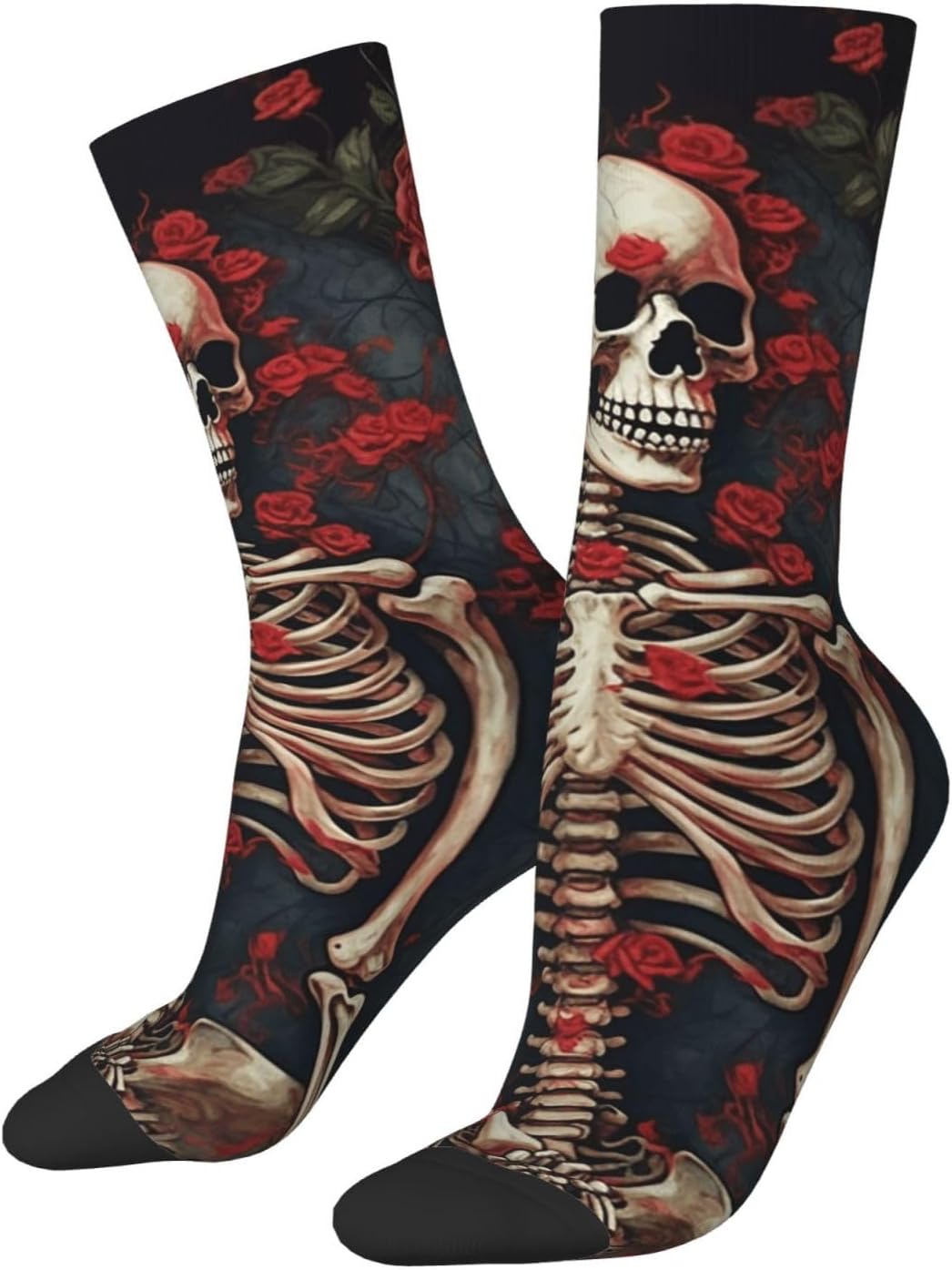 Skeleton with Roses Crew Socks for Men Women Moisture Wicking Cushion Athletic Sock Casual Novelty Socks Gift