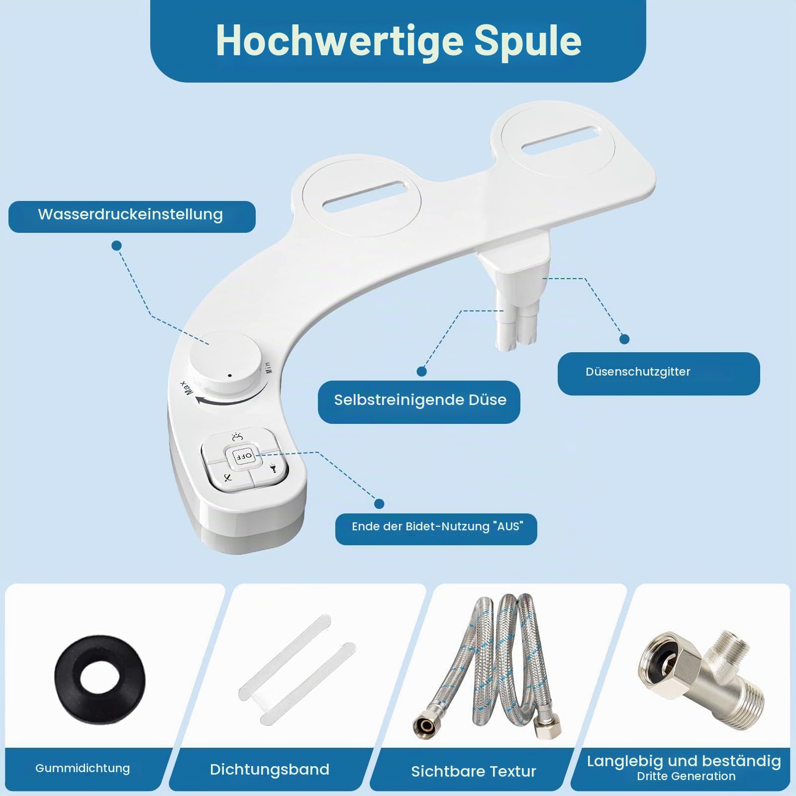 Bidet Aufsatz Für Toilette, Nichtelektrisch Schlankes Druckknopf Bidet WC, Einziehbare Selbstreinigende Doppeldüsen（Verstopfungsschutz）Und Drehknopf Zur Einstellung Des Wasserdrucks (Weiß)