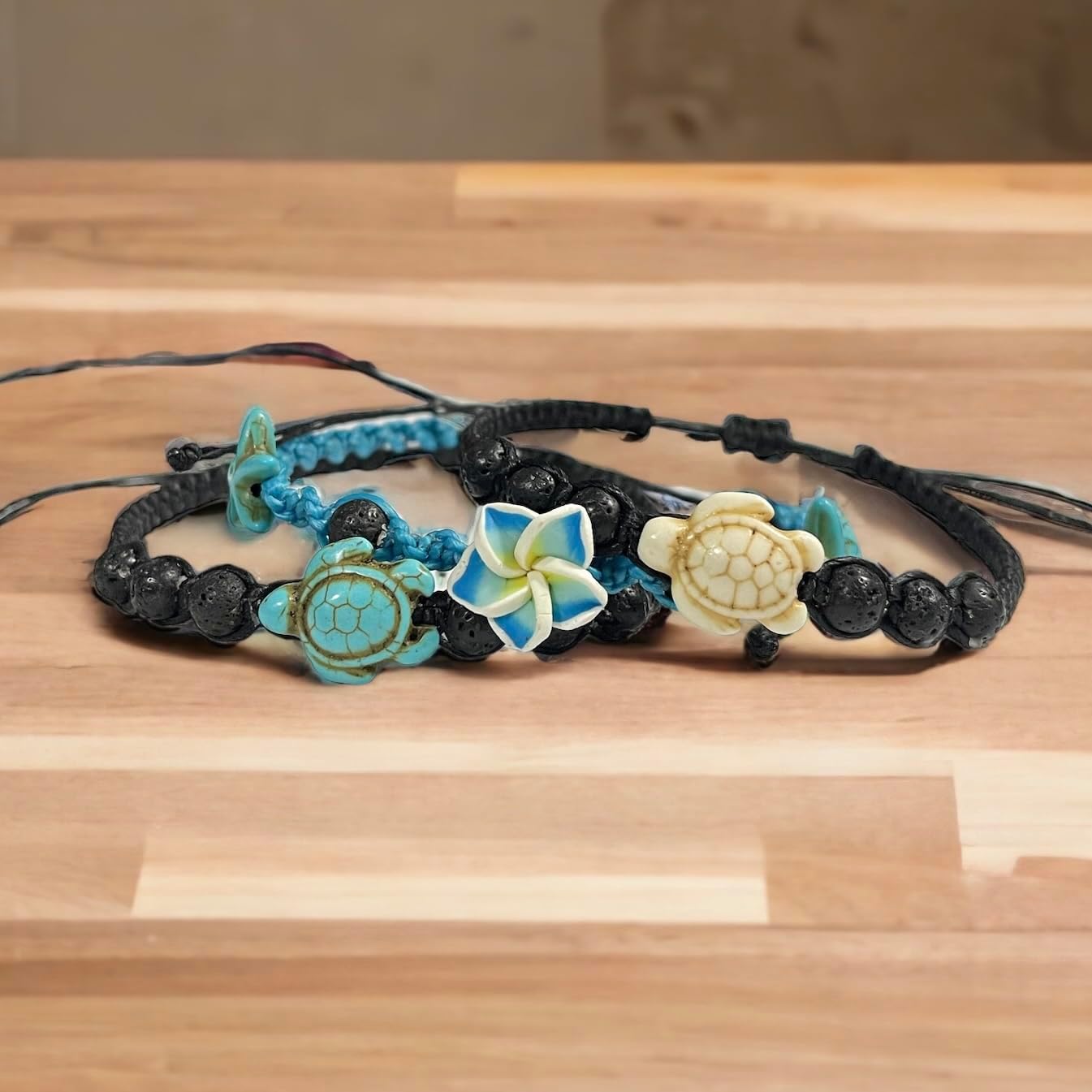 3 Pcs/Set Bracelet or Anklet Sea Turtle in Turquoise - Lava Rock Stone Beads Turtle Hemp - Adjustable Cord - Image 4