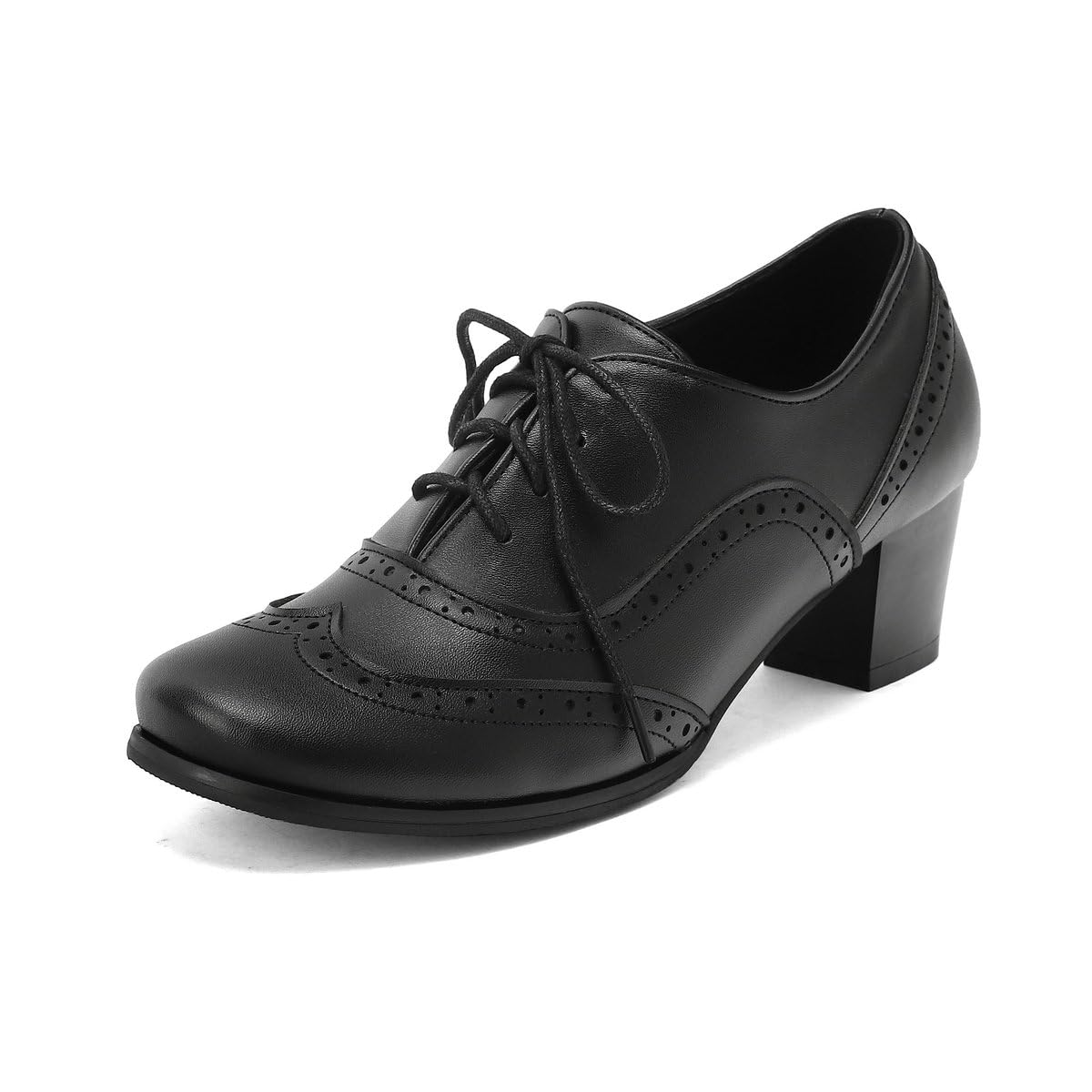 Womens Oxford Heels Round Toe Lace Up Perforated Chunky Heels Vintage Comfort Brogue Oxford Pumps Shoes