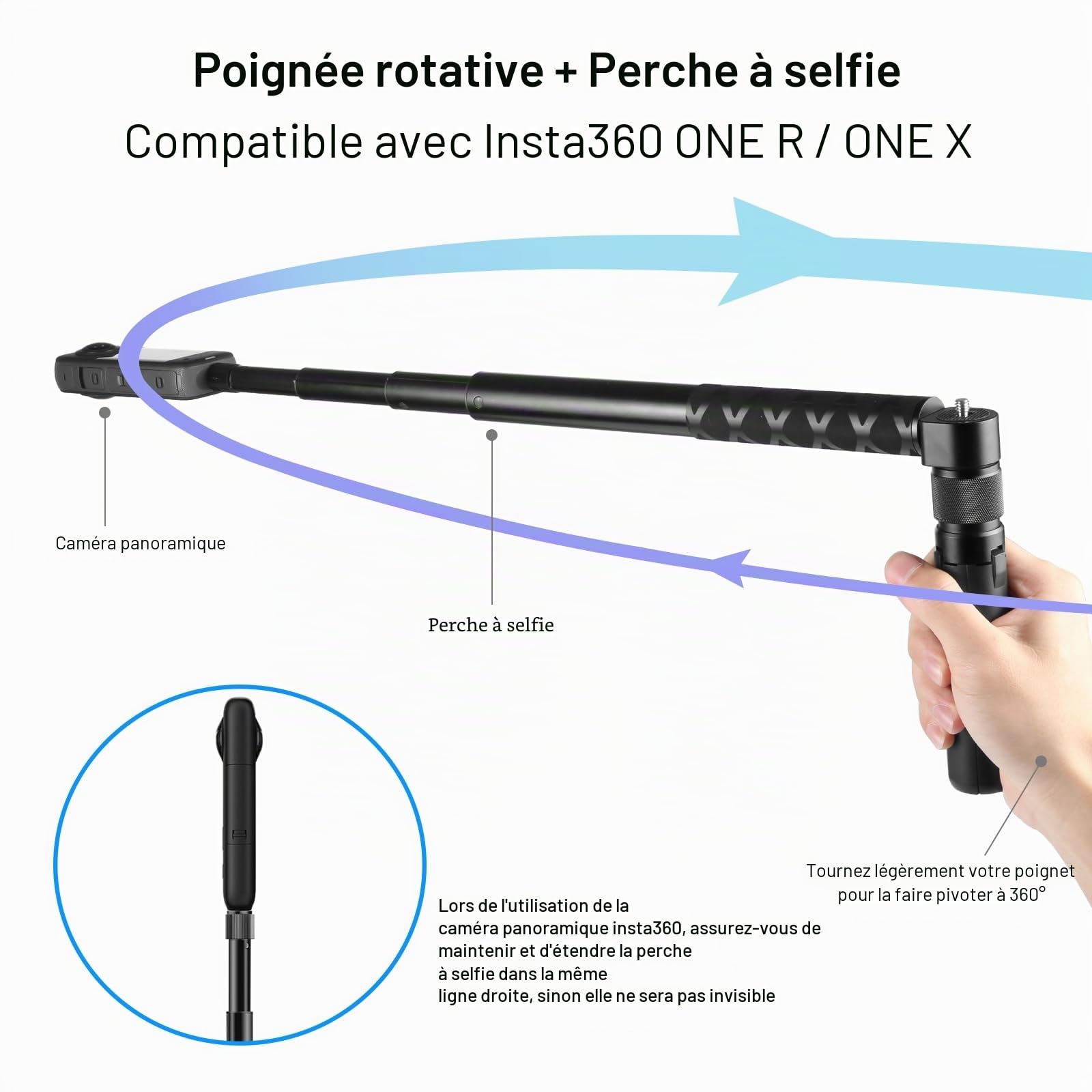 PULUZ Trépied Rotatif pour Appareil Photo Insta 360 X4/X3/Pocket 3/Go Pro, Poignée en Alliage d'Aluminium avec Rotation 360 Degrés