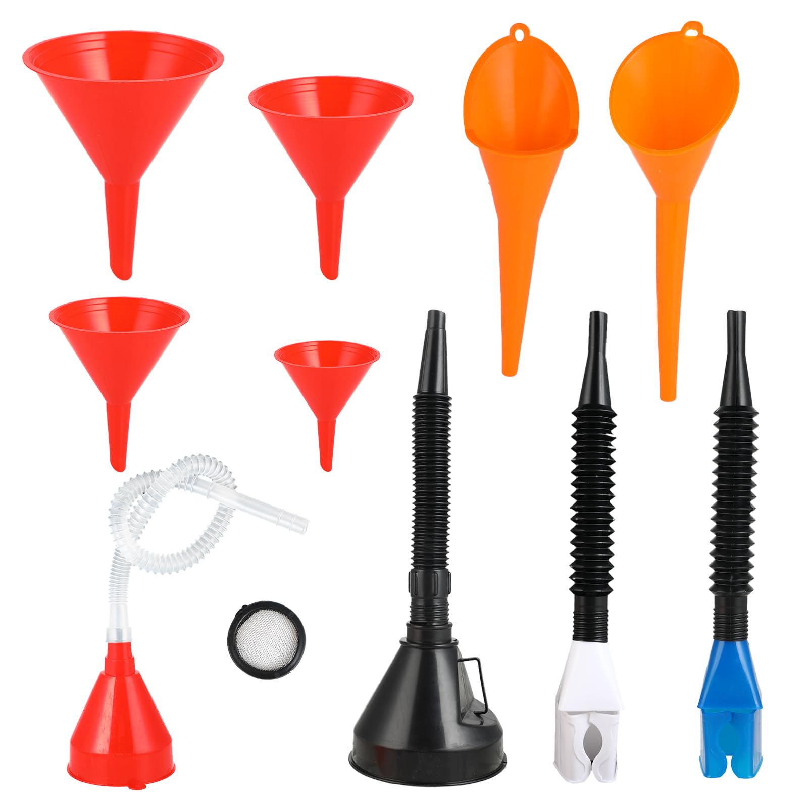 Juego de 10 Piezas de Embudo Gasolina y Aceite Motor con Filtro y Manguera Flexible con Ángulo Recto y Boquilla Desmontable (Rojo Naranja Negro, Polipropileno (PP))
