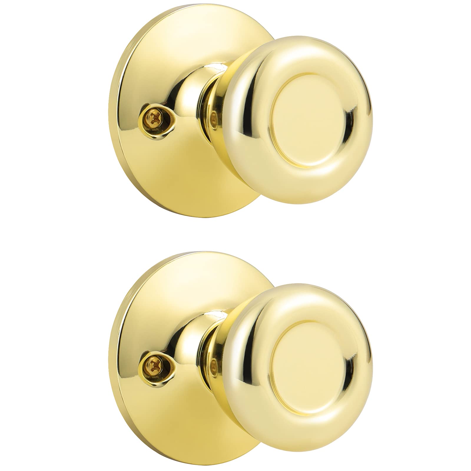 GOBEKOR Passage Door Knobs - 2 Pack Polished Brass -12
