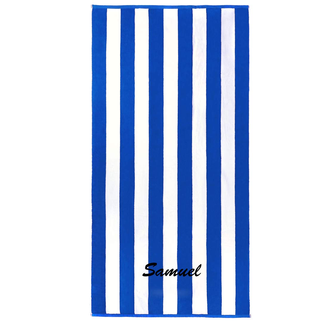 Kaufman - Personalized 32in x 62in Joey Velour Cabana Stripe Beach and Pool Towel 100% Cotton Embroidered (Blue)