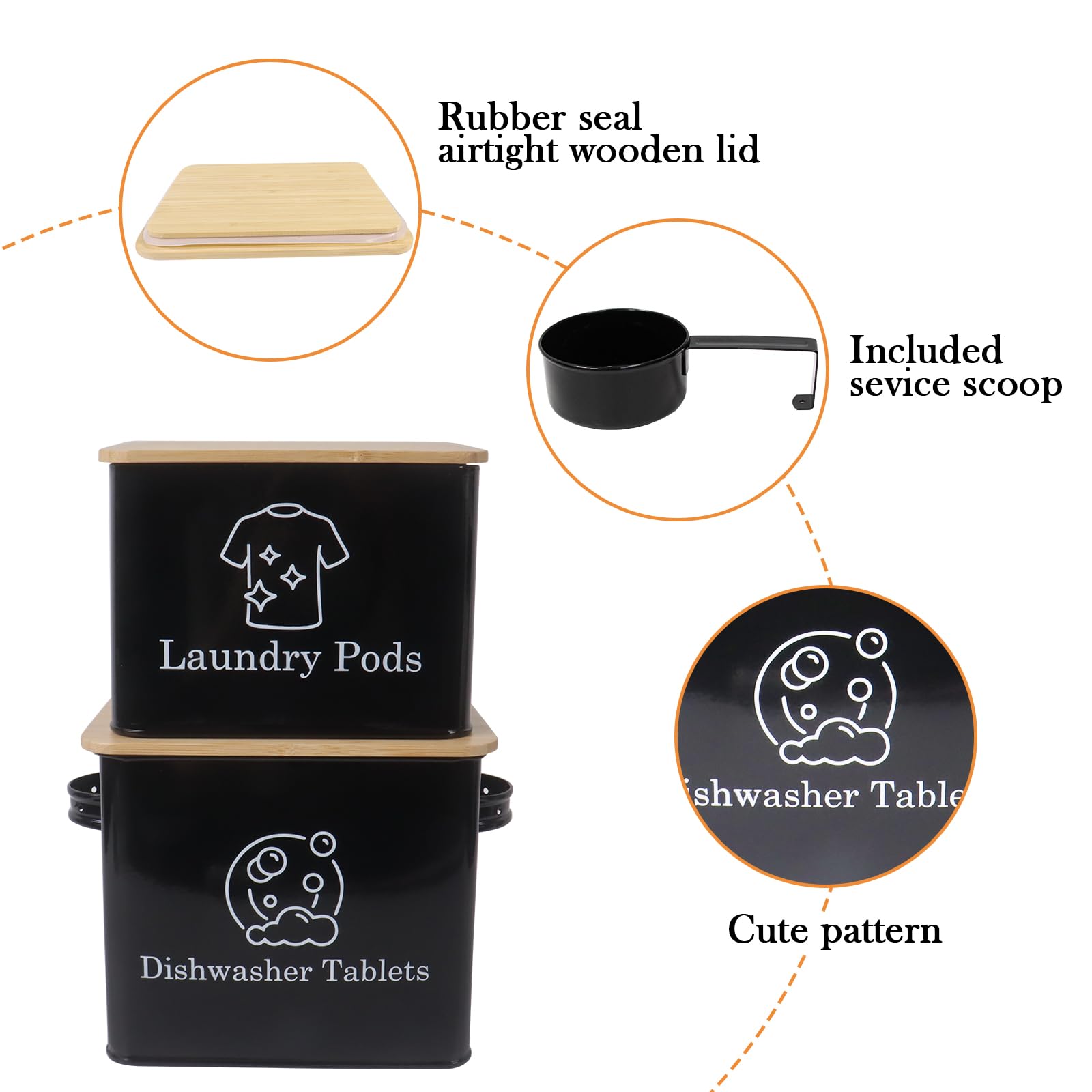 Xbopetda Set of Laundry Powder Bin & Dishwasher Pod Holder, Laundry Detergent Powder Storage Box with Scoop Wooden Lid & Handles, Metal Dishwasher Tablets Bin for Home Organization and Storage - Black - Image 2
