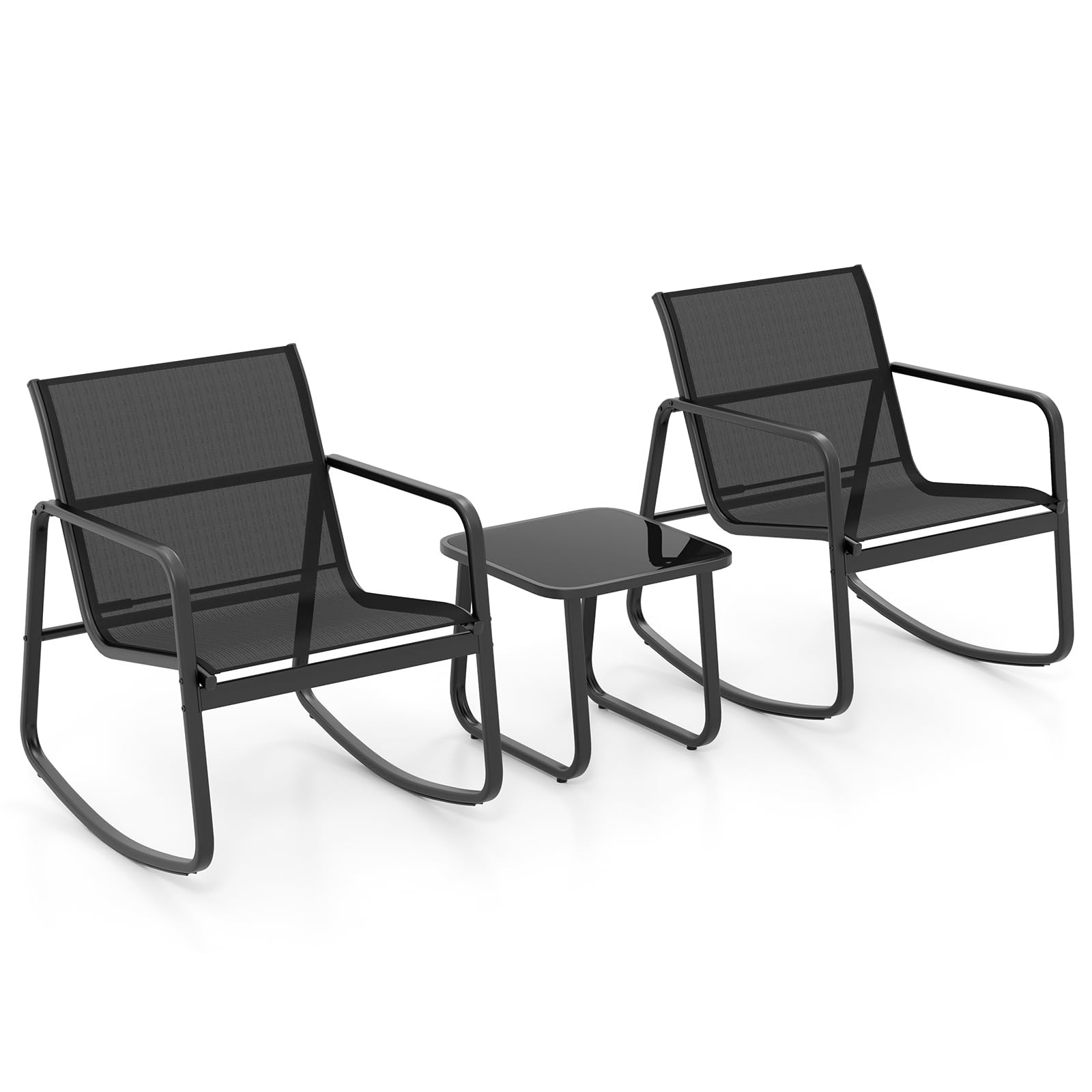 GYMAX Set di Mobili da Giardino 3PCS, 2 Sedie a Dondolo con Tavolino in Vetro, Piccolo Set da Patio con Movimento a Dondolo Fluido, Strisce Antiscivolo, per Portico Esterno, Cortile e Balcone