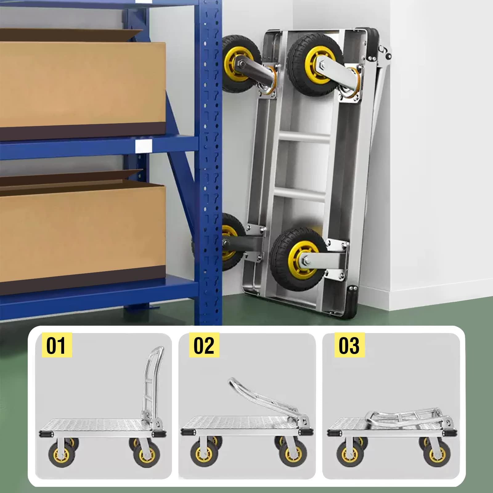 Carrello con Piattaforma Pieghevole Carrello di Spinta capacità 1100 kg Carrello di Trasporto Carrello con Ruote Carrello A Mano Mobile A Base Piatta Mobile Resistente in Acciaio(90X60cm)