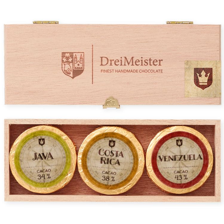 DreiMeister Golddublonen in der 6er Holzkiste I handgemachte Schokolade-Goldtaler I Golddublonen-Schokolade in 6 Sorten I Schokolade-Holzkiste mit Vollmilch- & Zartbitterschokolade I 48g