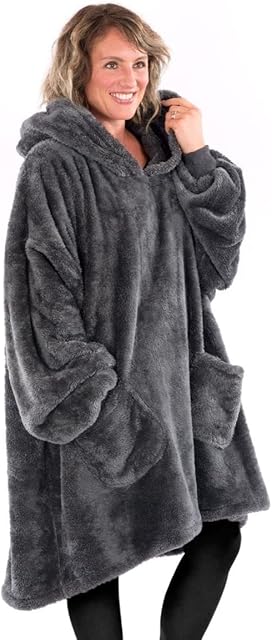 Snug Rug Wearable Blanket Hoodie - Sherpa Fleece Adults Size Hooded Hoody Blanket Soft Comfortable Oversized Blankets with Arm Sleeves Keep Warm in Winter Jumper Sweater - Unisex (Slate Grey)