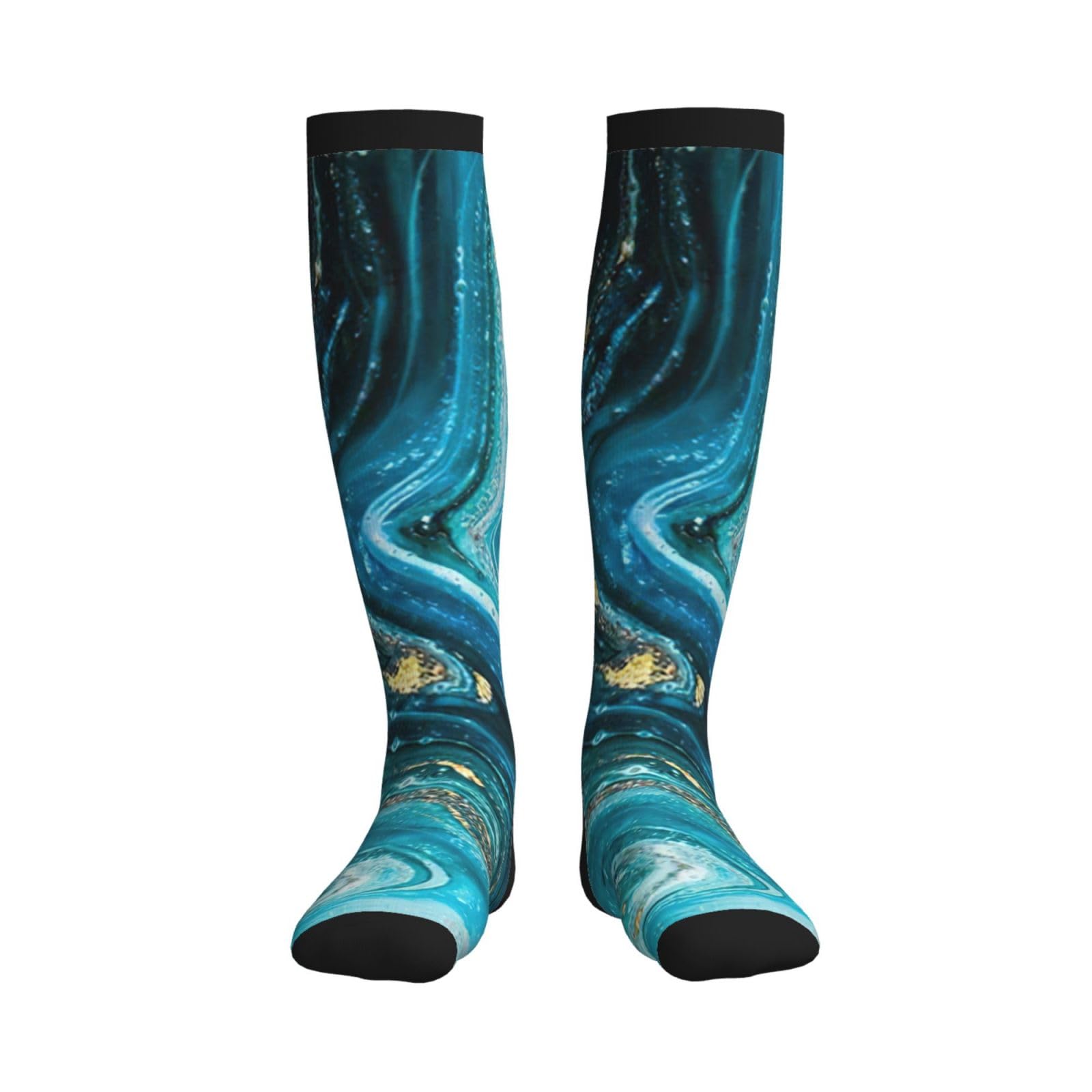 Turquoise Blue Gold Marble Print Compression Socks for Women and Men,15-20 mmHg is Best Support for Athletic sports