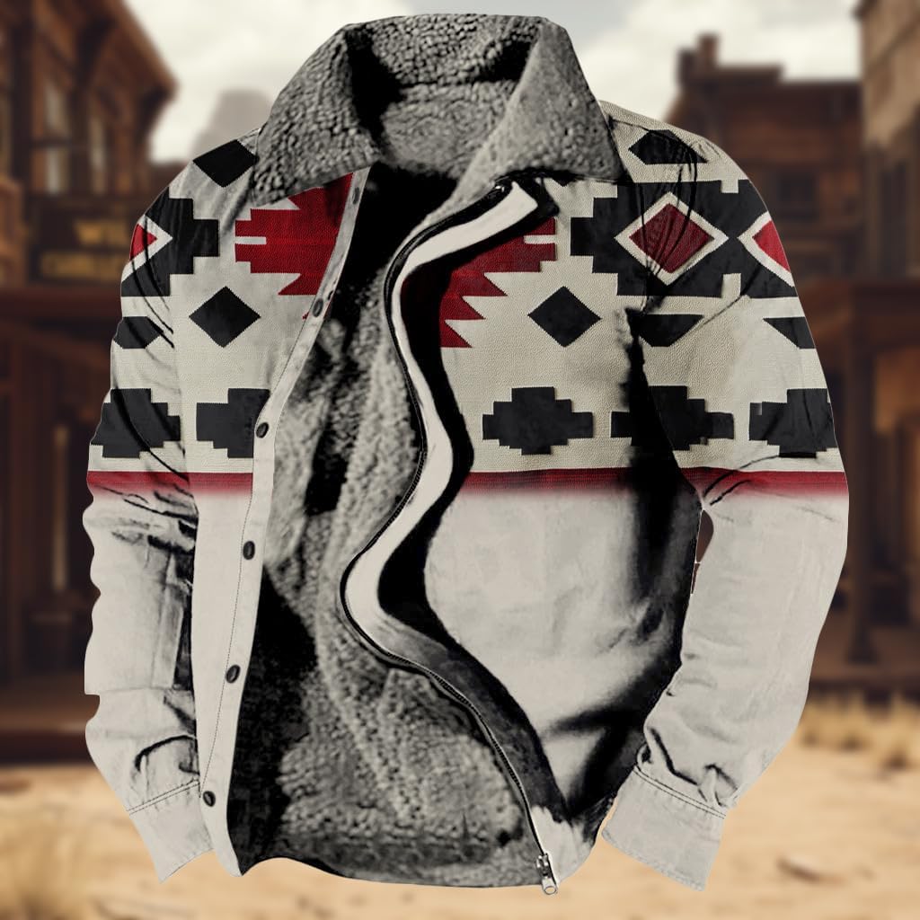 LOAIHA Mens Jacket Winter Mens Aztec Jacket Western Coats for Men Zipper Warm Fleece Lined Cowboy Coat Ethnic Vintage Jacket - Image 2