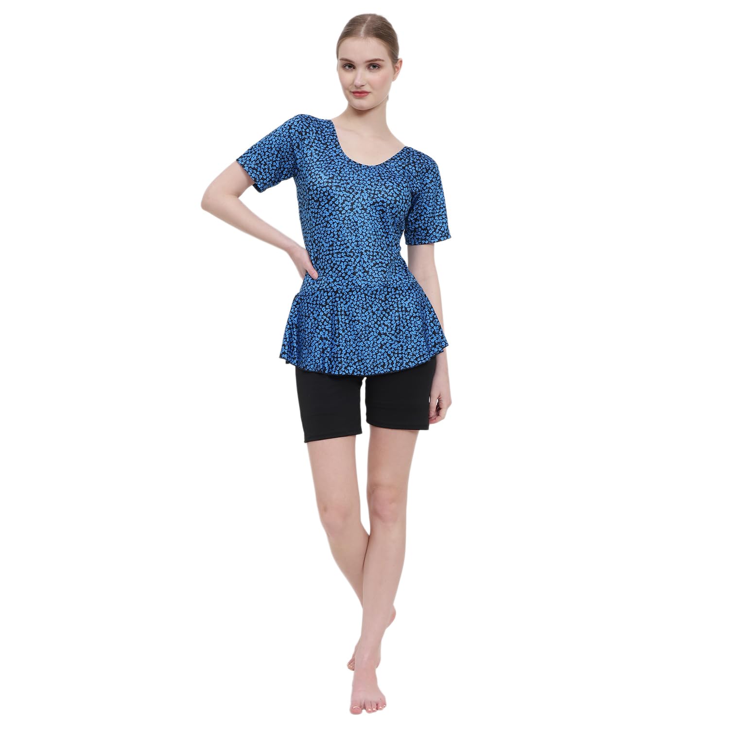 Printed Blue Swimming Costume for Women,One Piece Swim Suit for Ladies and Girls,Stretchable Fabric with Half Sleaves and Frock Style for Holidays, Beach and Pool,Swim Wear