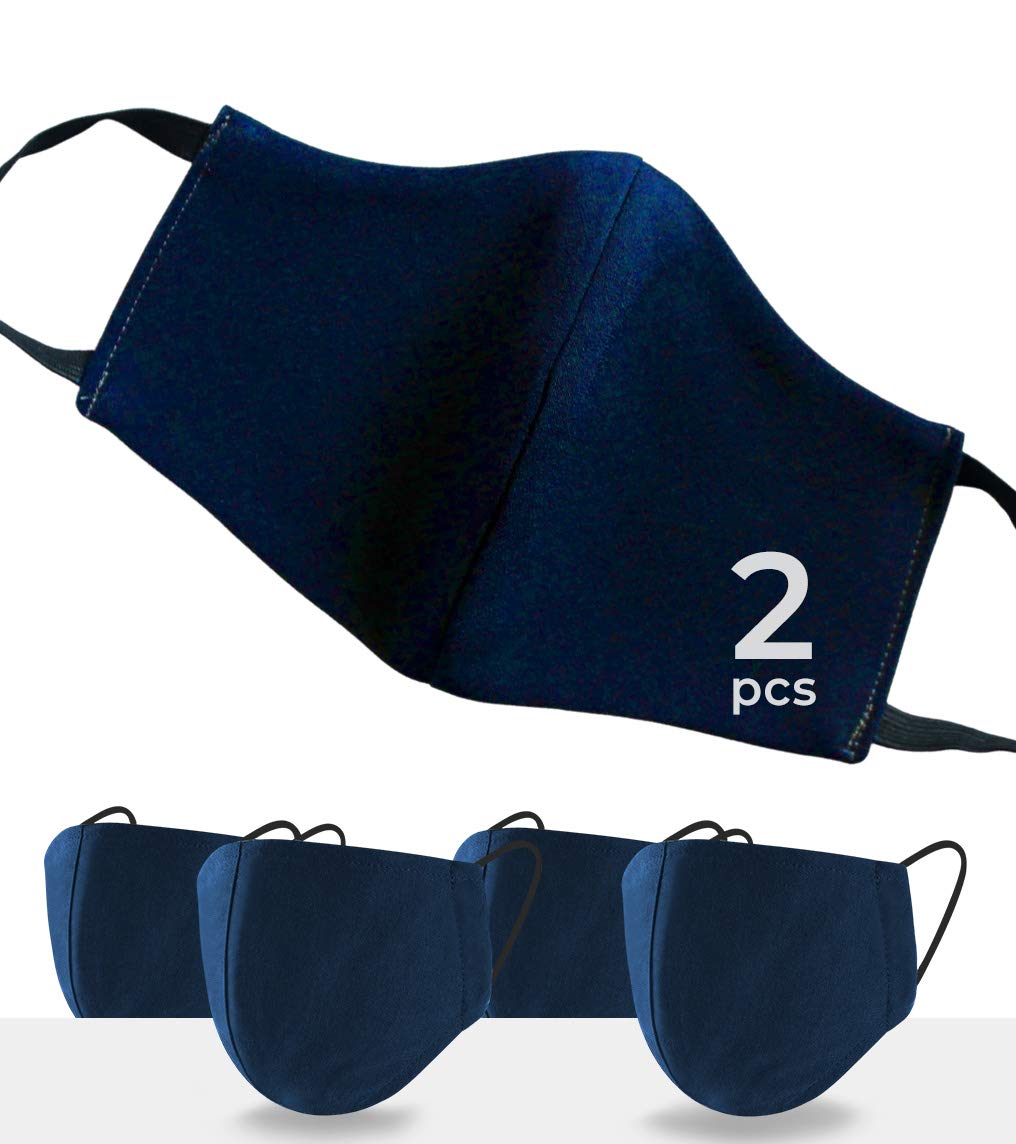 3x Layer Cotton Muslin Navy Blue Face Cover (Pack of 2) Nose & Mouth Covers with Extra Padding Slot, Super Soft Comfortable Wear for Daily Use 1 Size Fit Most Adult Men & Women One Size Fits All (SML)