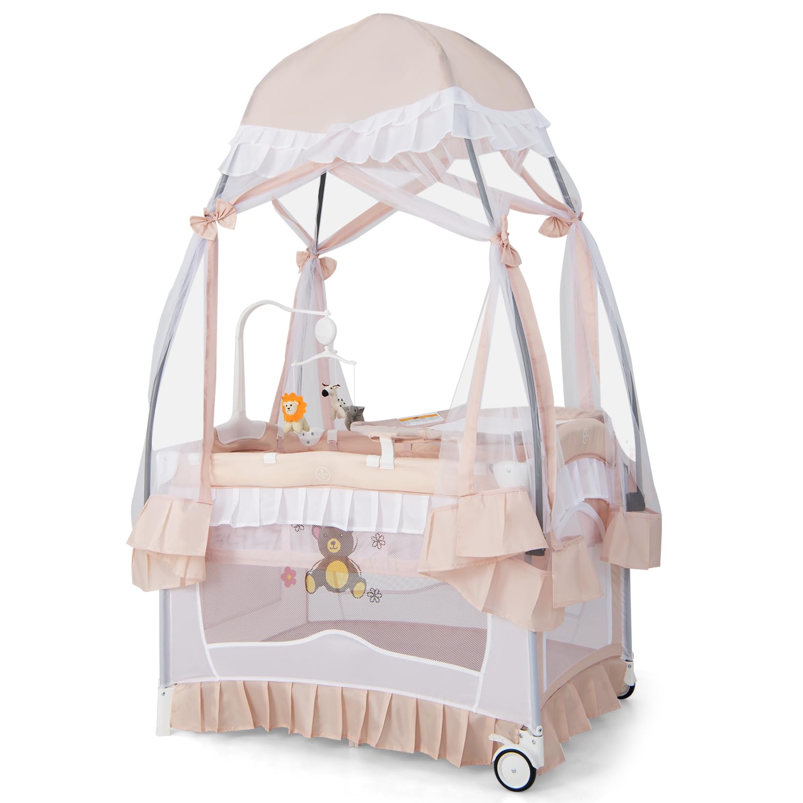 DREAMADE 5 in 1 Reisebett Baby mit Matratze & Baldachin, Babybett Faltbar mit Rollen, Wickeltisch & Laufstall, Beistellbett Baby mit Musikbox & Hängespielzeug, für Neugeborene 0-36 Monate (Rosa)