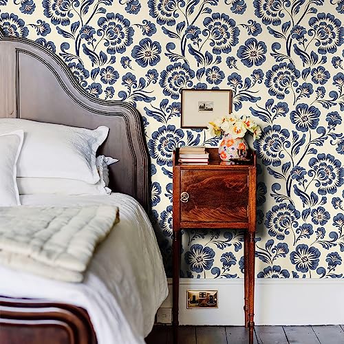 Jiffdiff Peel And Stick Wallpaper Blue Wallpaper Floral Wallpaper 17.3" X 118" Damask Flower Wallpaper Vinyl Waterproof Wallpaper Cream Blue Contact Paper For Cabinets #TOP1