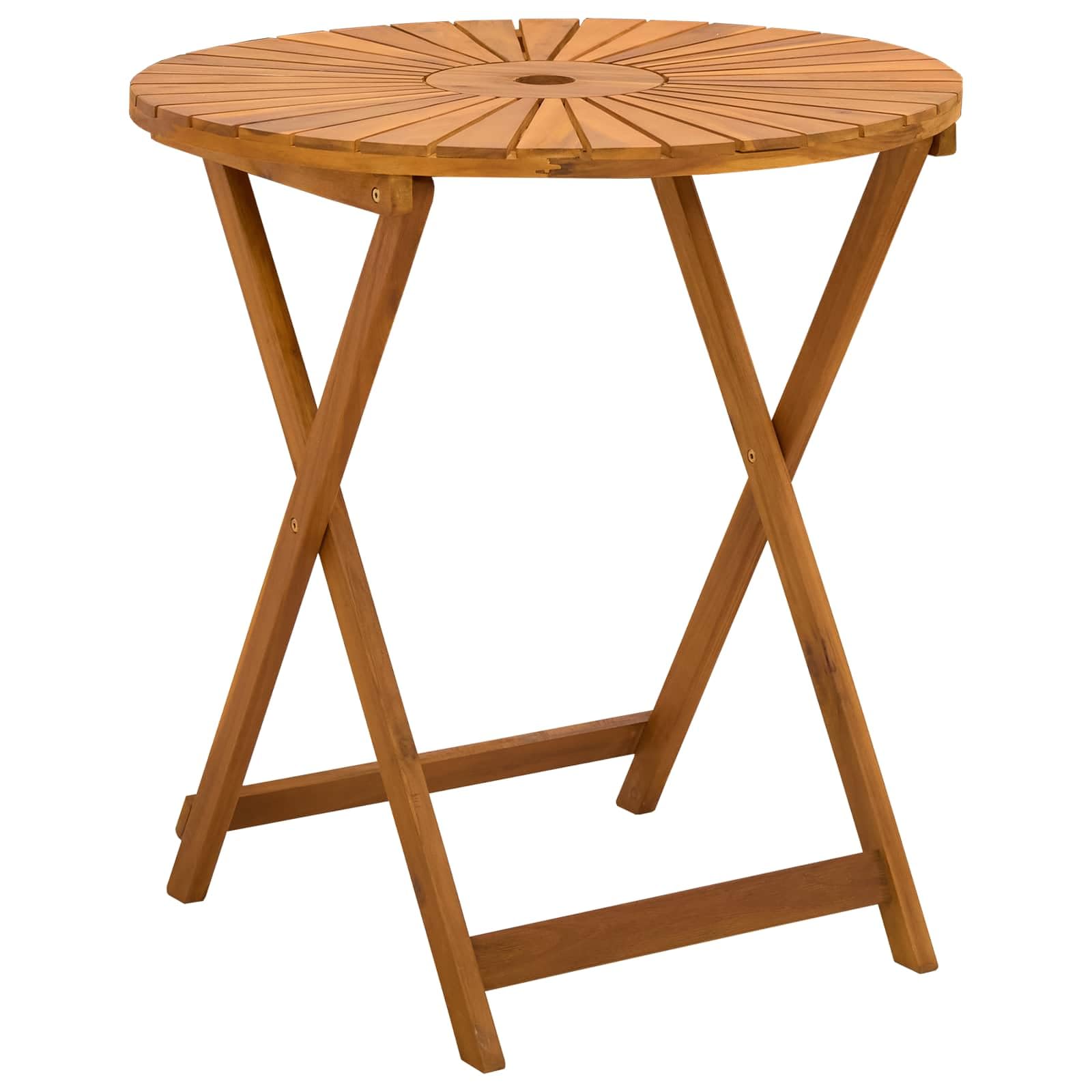Tavolo da giardino pieghevole in legno di acacia massiccio naturale, rotondo, 70 x 75 cm, oliato, resistente alle intemperie, con foro per ombrellone e piano drenante dell'acqua, per