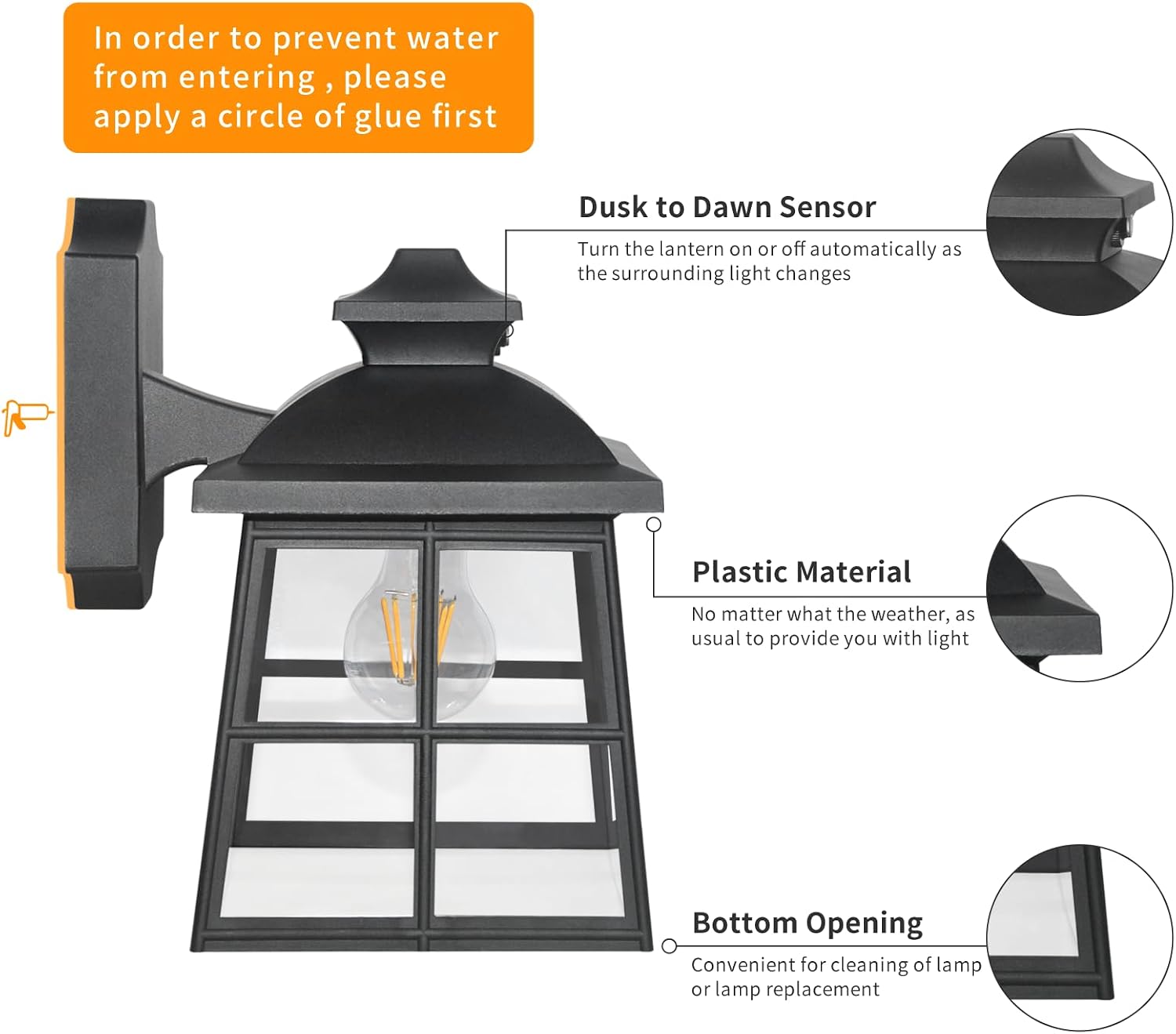 FUDESY Dusk to Dawn LED Outdoor Wall Lantern,White Plastic Photocell Sensor Porch Light with 8W 800LM Edison Filament Bulb,Exterior Wall Mount Light Fixture for Yard,Patio,Garage