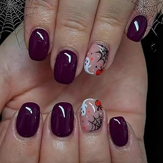 24 Pcs Halloween Press on Nails Short Square,MINGCHUN Dark Purple Nail Tips Fake Nails Press ons Acrylic Nail Art Kit Supplies Full Cover Acrylic Ghost Pumpkin False Nails Nail Stickers Decorations
