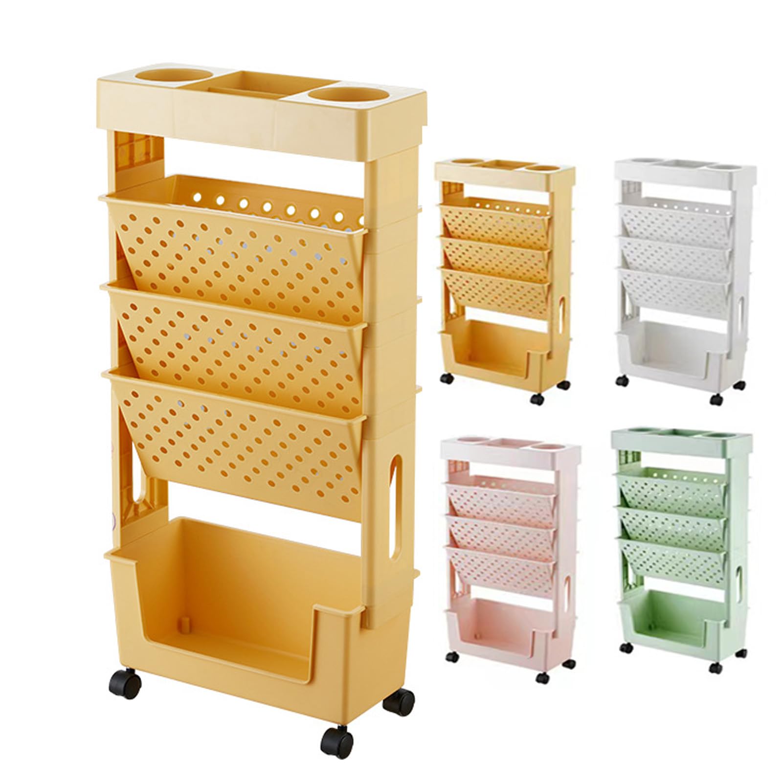 Estantería móvil para niños, carrito estrecho con ruedas para libros, carrito de manualidades de 5 niveles para ahorrar espacio, carrito rodante amarillo para escuela y sala de juegos