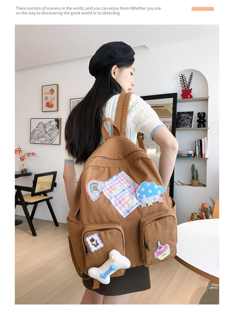 Coquette Backpack Cute Shoulder Bag(Patchwork Design) – Y2k Canvas Kawaii Daypack Preppy Bookbag Cottagecore (Brown)2