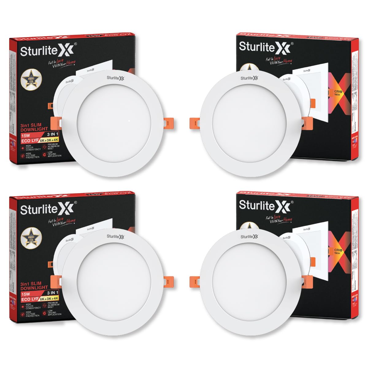 Sturlite Eco LYF 15W (3 in1) Round LED Downlight| Warm, Neutral & Cool White Color Temperature| 1200 Lumens with CRI Tech for Various Ceiling Types and Rooms - (Pack of 4)