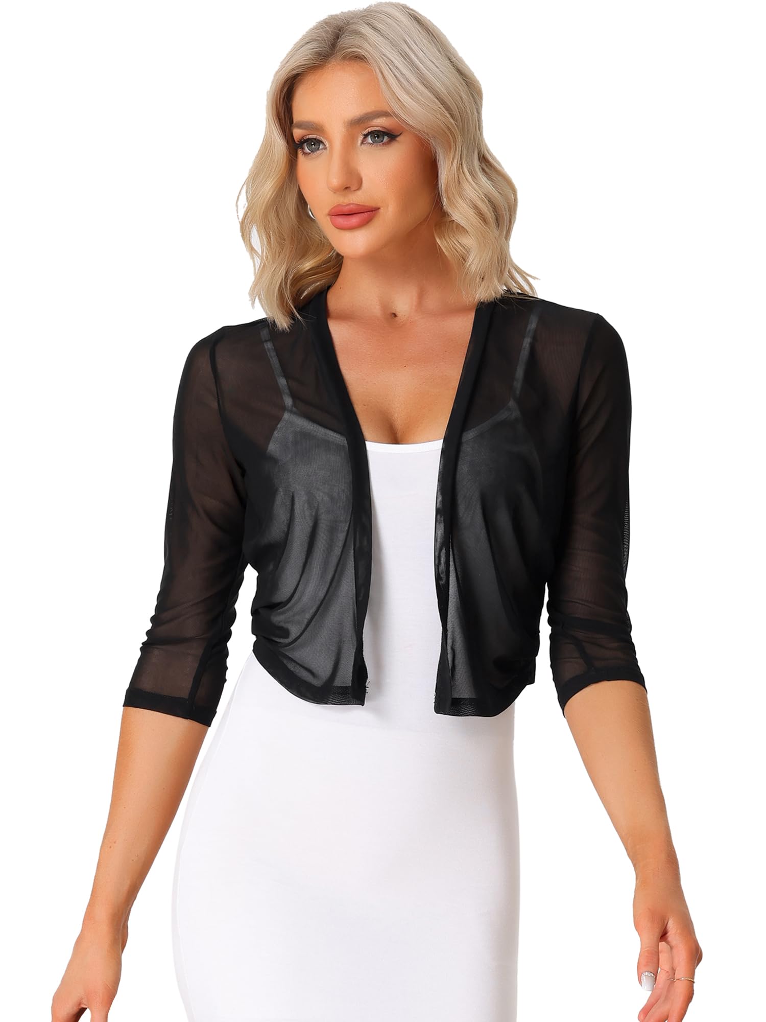 Allegra K Gilet Transparent Femme Boléro Mousseline de Soie Devant Ouvert Manches 3/4 Cardigan Court Léger
