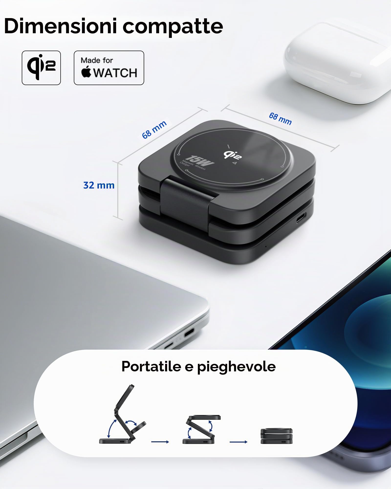 Stazione di Ricarica Qi 3 in 1 Apple con Made for Watch [MFi], Caricatore da Viaggio Pieghevole MagSafe 15 W Compatibile per iPhone 17 Pro Max/17 Air/17 Pro/17, Caricatore 5 W per Apple Watch 11
