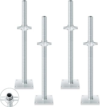 Zonon 4 Pcs Adjustable Leveling Jack Scaffolding Square Base Plate Adjustable Threads OD Hollow Threaded Rod Scaffold Jack for Baker Style Scaffolding 24 Inch