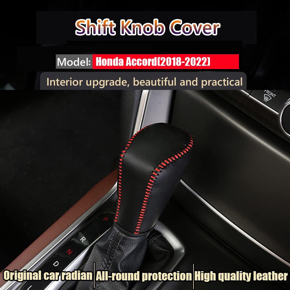 Great-luck Genuine Leather Automatic at Gear Shift Knob Cover Protector Trim,The car Interior Accessories(Black Stitches) for Honda 10th Accord(2018 2019 2020 2021 2022)