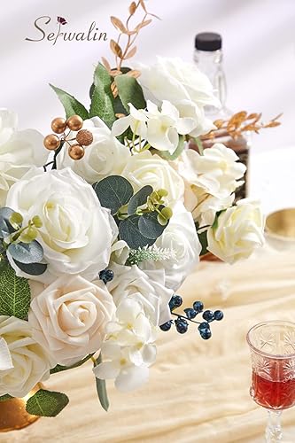 Miniatura 5 de Serwalin Juego de flores artificiales blancas, rosas falsas de espuma de seda para bricolaje, ramos de tartas de boda, centros de mesa, arreglos de
