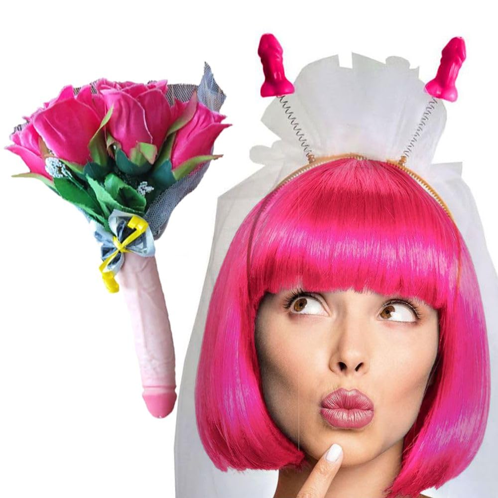 Parrucca caschetto frangia rosa e cerchietto con piselli colorati e velo lungo in tulle bianco e bouquet di fiori hot per la sposa alla festa di addio al nubilato gadget per adulti 18+