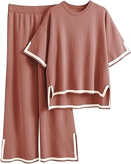 Chándal para mujer, cuello redondo, color contrastado, pantalones de pierna ancha y cintura alta, dobladillo dividido lateral, tallas S-XL