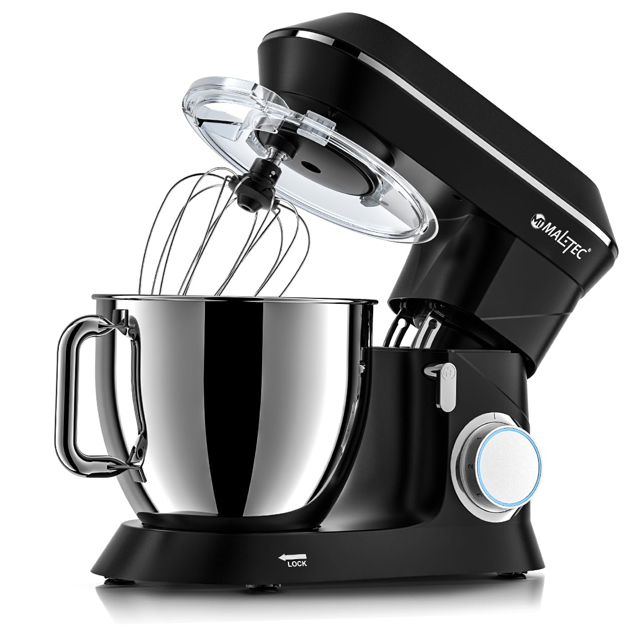 MalTec Planet MaltecChef Robot kuchenny 2200 W, hak do mieszania, hak do ugniatania, trzepacz, ochrona przed pryskaniem, 6 prędkości, 4 funkcje, czarny robot kuchenny, 6 l
