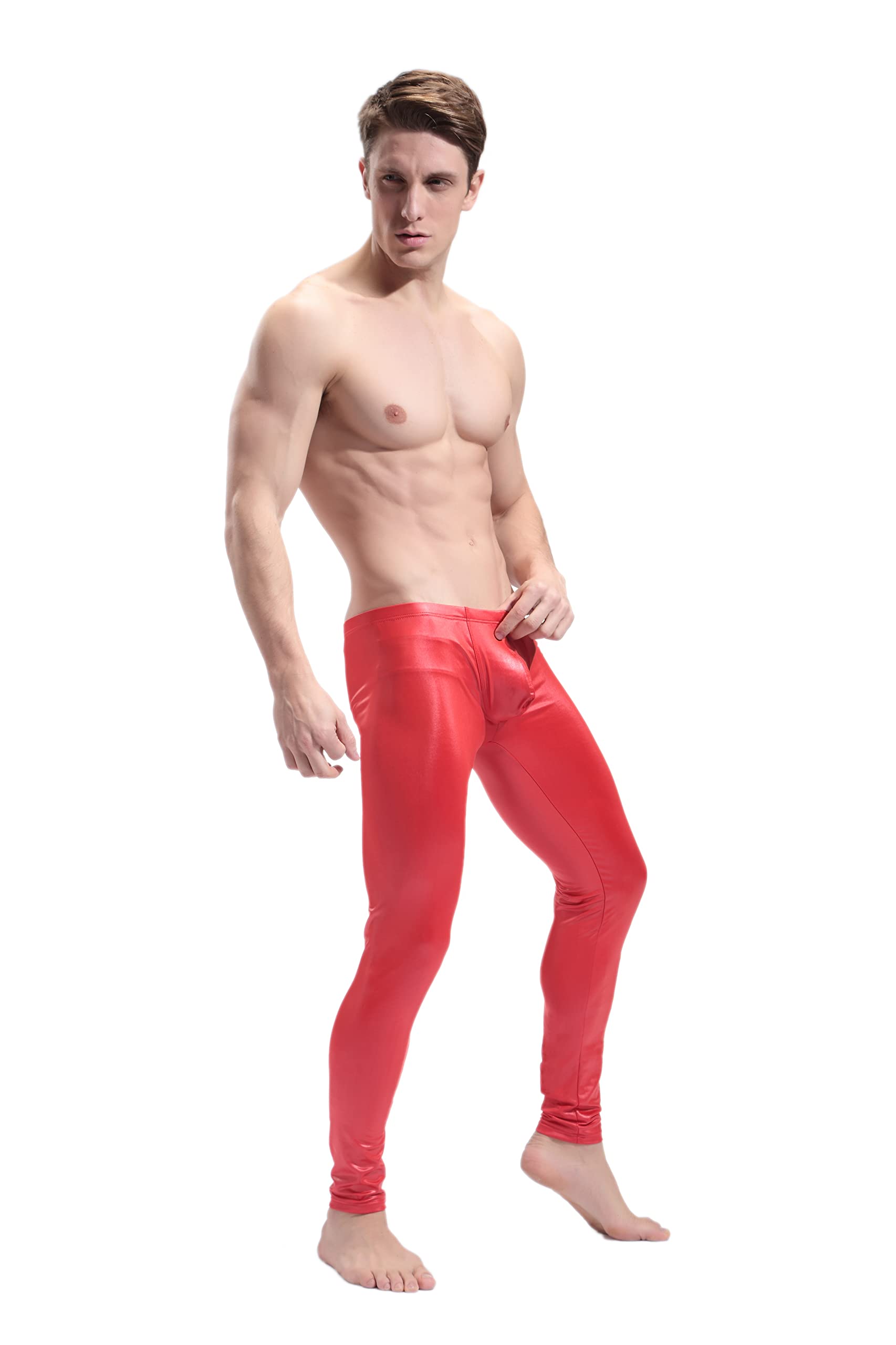 BaronHong - Pantalones Ajustados de Piel sintética para Hombre, Mallas metálicas para Club Nocturno, Pantalones Largos