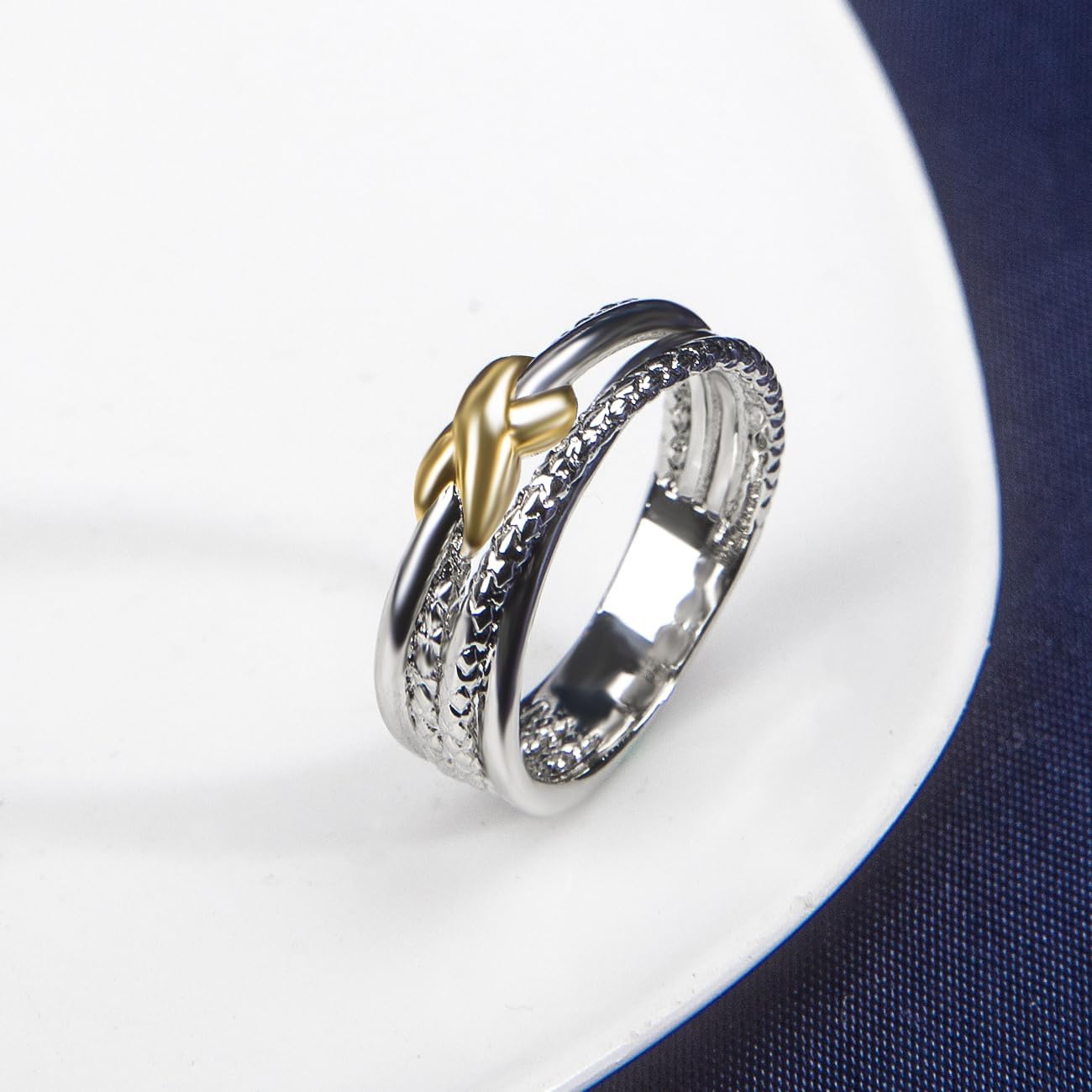 Two Tone Rings For Women Fashion Designer Jewelry Twisted Crossover Cable Wire Band Ring (Size 6-9) - Image 4