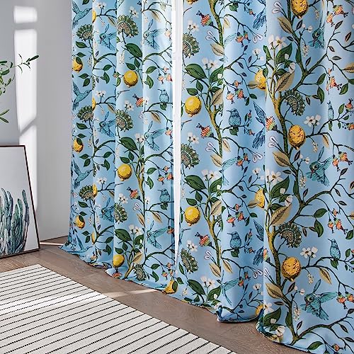 Image of Light Blue Rustic Pinch Pleated Curtains 96 Inches Long for Living Room Bedroom Blackout Vintage Art Deco Anthropologie Vintage Floral Lemon Hummingbird Drape 2 Panels