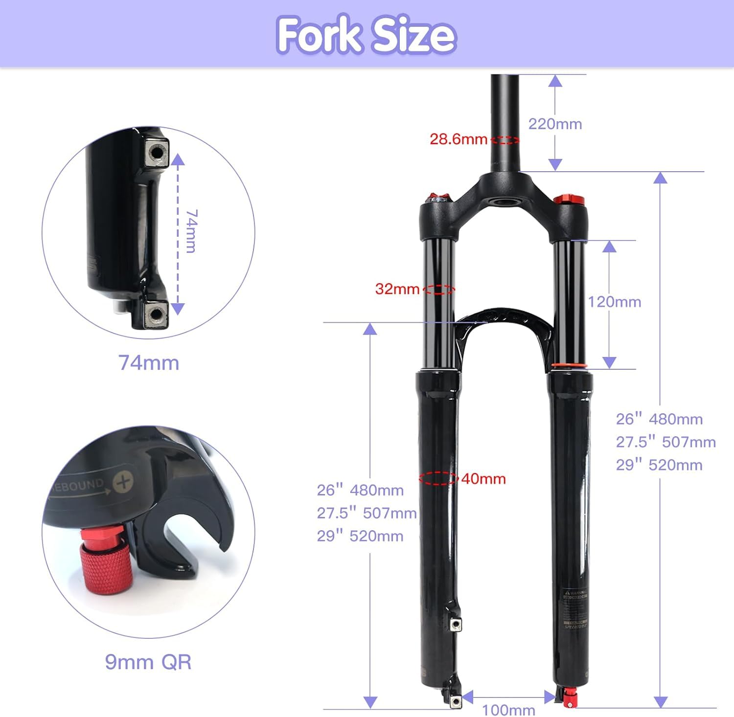 Fourche VTT, fourche à suspension pneumatique pour roues 26/27,5/29 pouces, réglage de la détente, course de 120 mm, axe rapide 9 mm, tube droit 1-1/8, fourche avant VTT ultra-légère pour vélos XC/AM