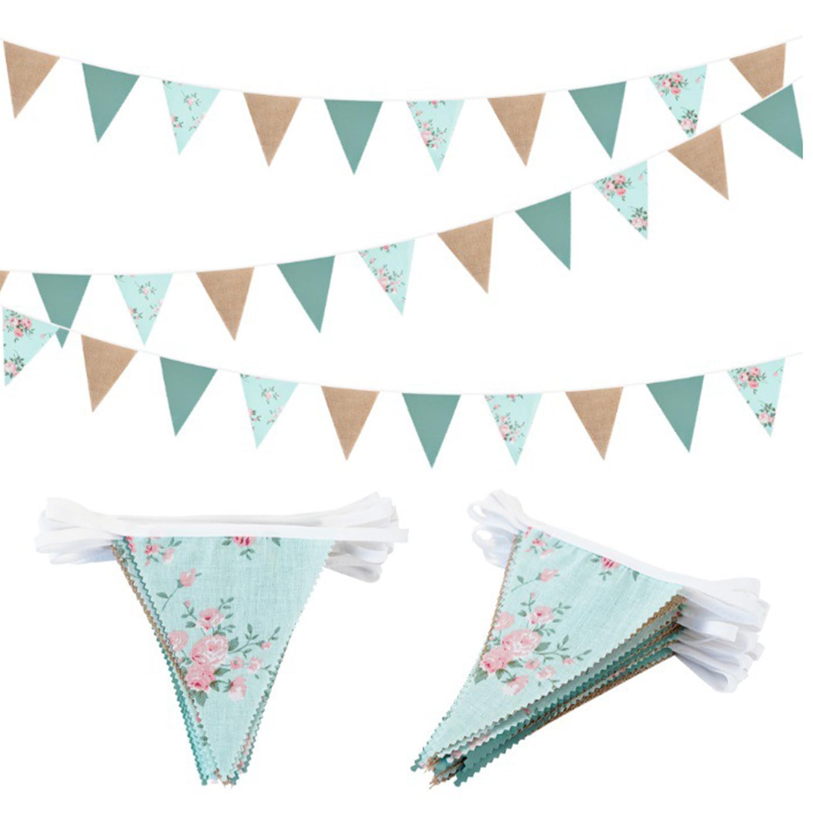 32 Ft Sage Green Vintage Floral Bunting Banner, Fabric and Hessian Bunting, Hessian Garland Streamer, Outdoor Garden Bunting Decorations for Tea Party, Wedding Room and Birthday