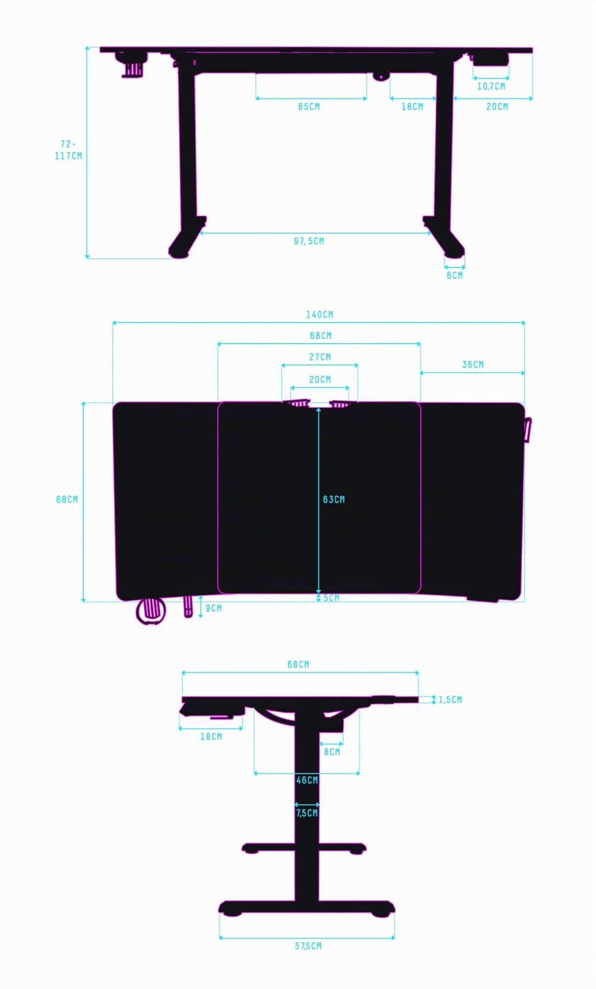 Ultradesk - Level V2 Bureau Réglable en Hauteur – Bureau Informatique électrique 140 x 68 cm – pour Gaming, Bureau, Télétravail – Set avec Tapis de Souris XL et éclairage LED RGB – Blanc LED