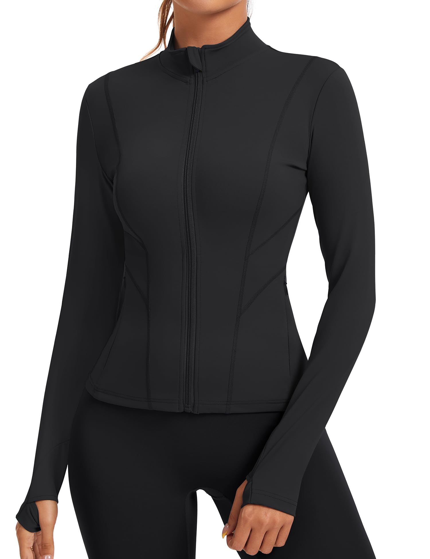 Rapbin Damen Laufjacke Sport Oberteil Sportjacke Langarm Gym Tops Atmungsaktive Leichte Trainingsjacke für Yoga Gym Fitness Mit Daumenloch und Seitlichem Reißverschluss