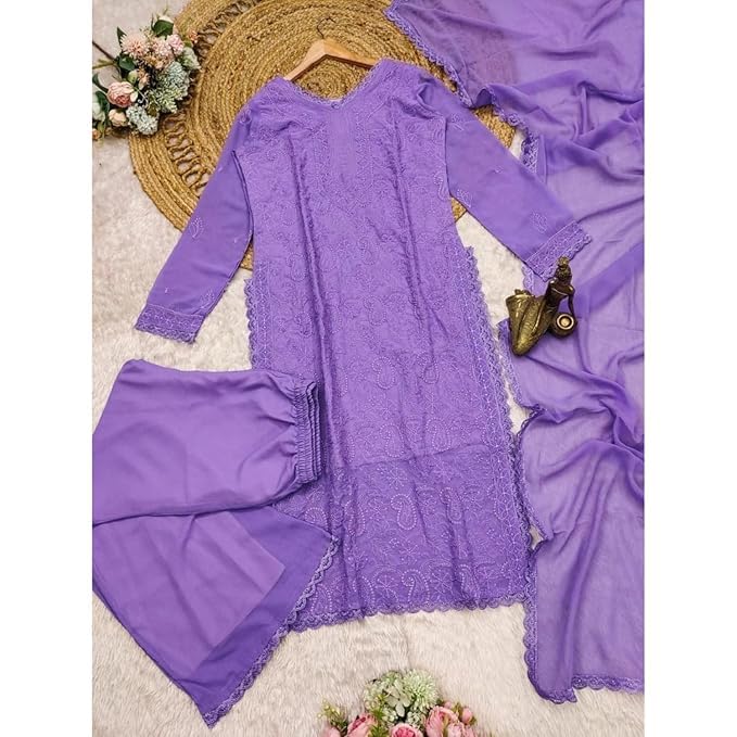 Image of Women Embroidered Straight Kurti with Palazzo And Dupatta Set | Elegant Ethnic Wear Kurta Set | V-Neck Long Sleeve Kurti | Stylish Casual, Festive & Wear for Women