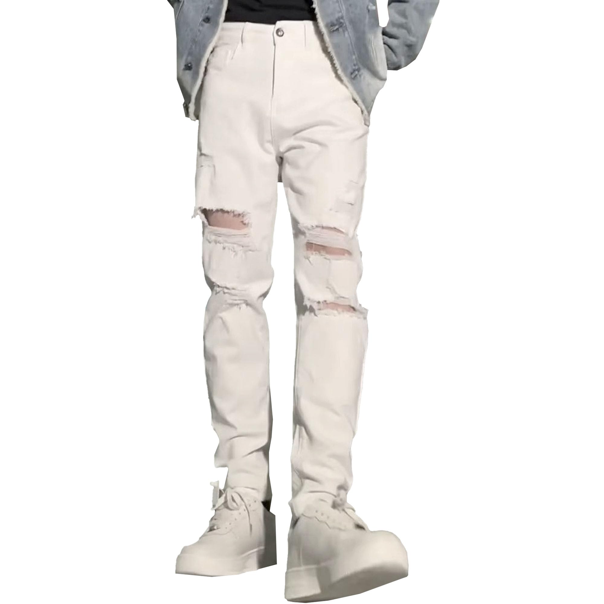 Qolkmuiy-GJ Men's Casual Slim Fit Tapered Jeans Cutout Knee Skinny Denim Pants Hardwearing Comfortable Cowboy Pant (White,28)