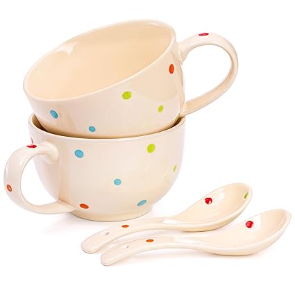 Elsjoy 2 Pack 16 oz Polka Dot Coffee Mugs with Spoons, Cream Color Ceramic Coffee Mugs with Handle, Cute Cereal Soup Bowls for Cappuccino, Latte, Tea, Oven & Dishwasher Safe