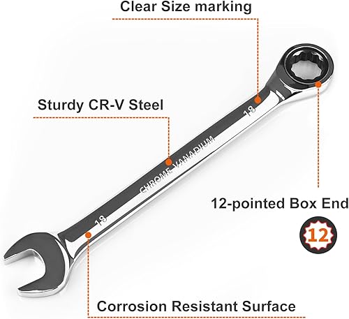 Miniatura 115 de Egofine Llave combinada de trinquete de 7/16 pulgadas SAE, llave de engranajes de grado industrial con diseño de 12 puntos, trinquete de 72 dientes
