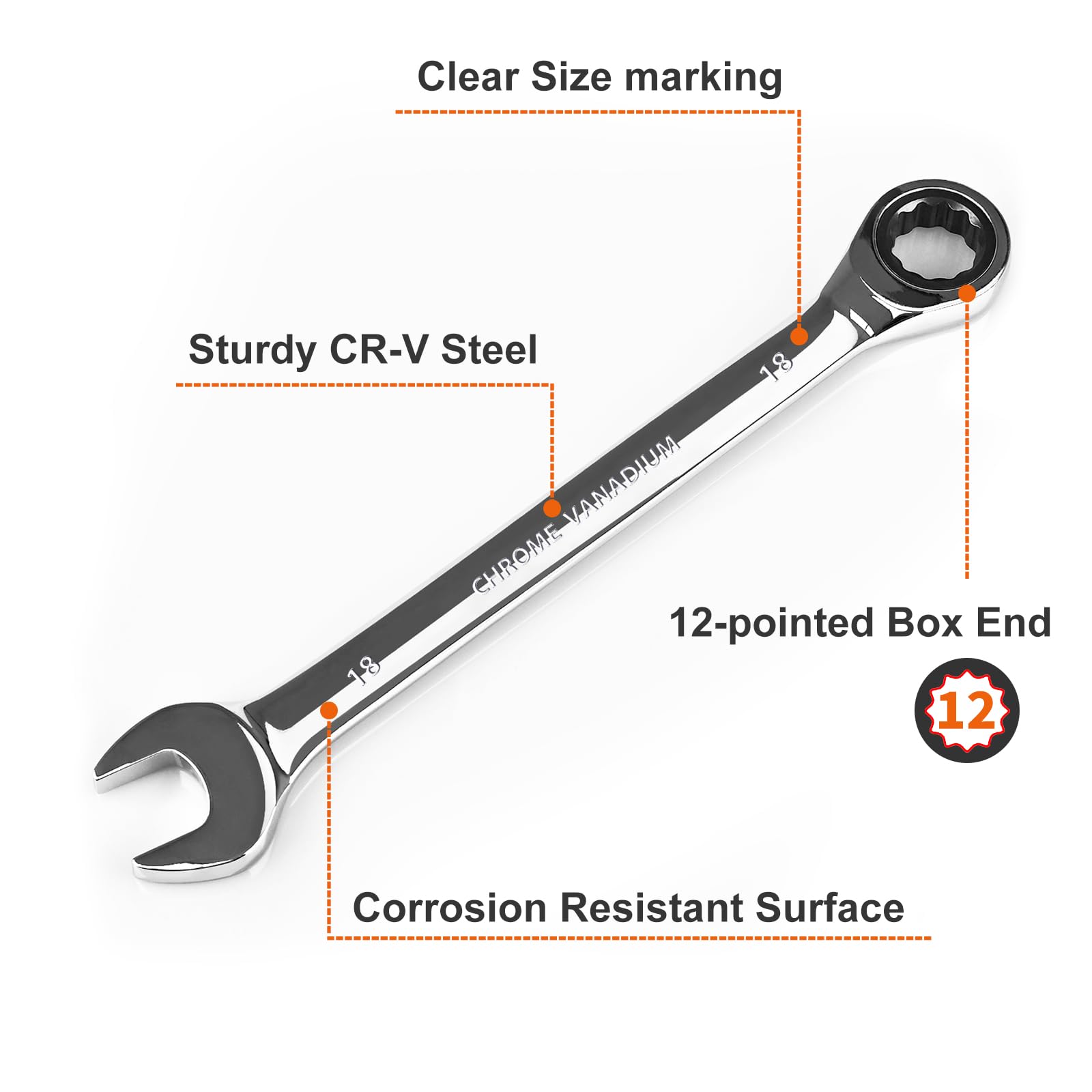 EGOFINE 18mm Ratcheting Combination Wrench Metric, Industrial Grade Gear Spanner with 12-Point Design, 72-Tooth Ratchet - Image 3